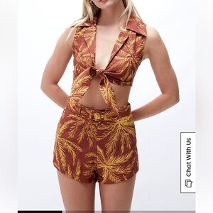 Charlie Holiday isle of Palms linen shorts set brown with yellow palm print 2